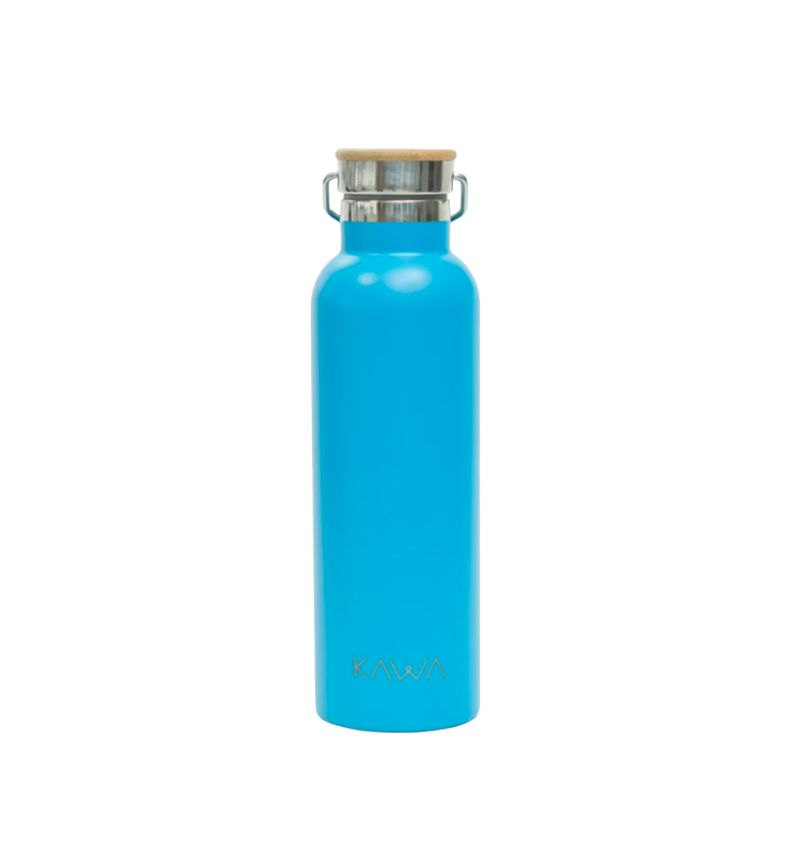 BOTELLA TURQUESA KAWA 750ML 24HS DE FRIO Y 8HS DE CALOR TAPA ROSCA ACERO INOX CON TERMINACION DE BAMBU