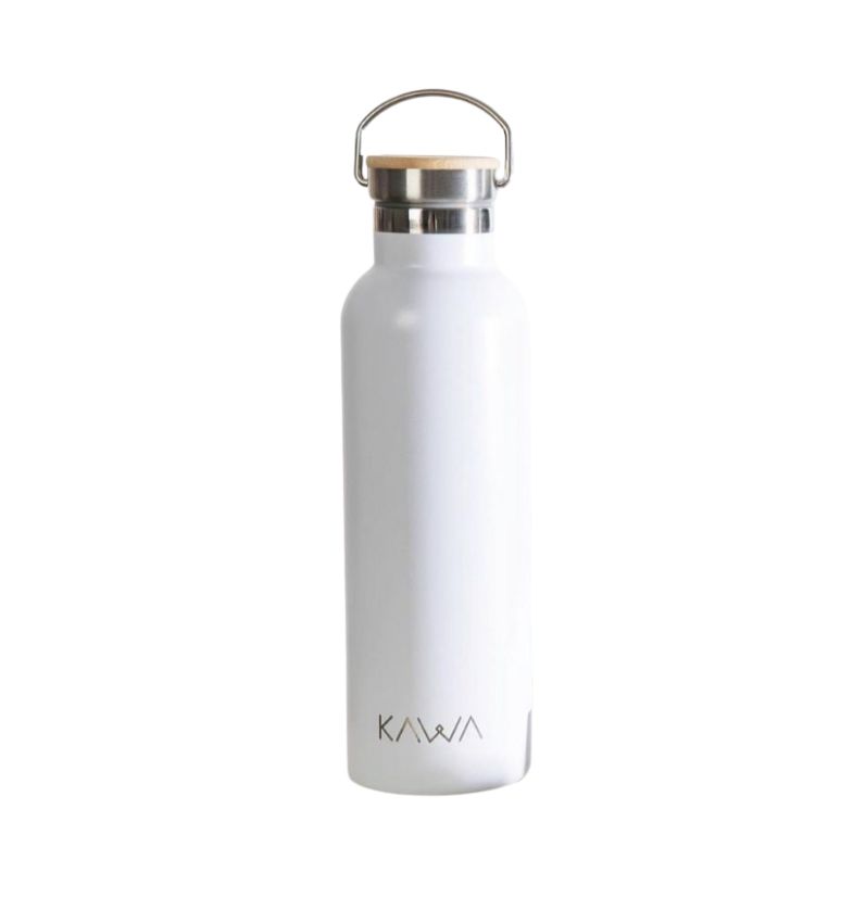 BOTELLA BLANCO KAWA 750ML 24HS DE FRIO Y 8HS DE CALOR TAPA ROSCA ACERO INOX CON TERMINACION DE BAMBU